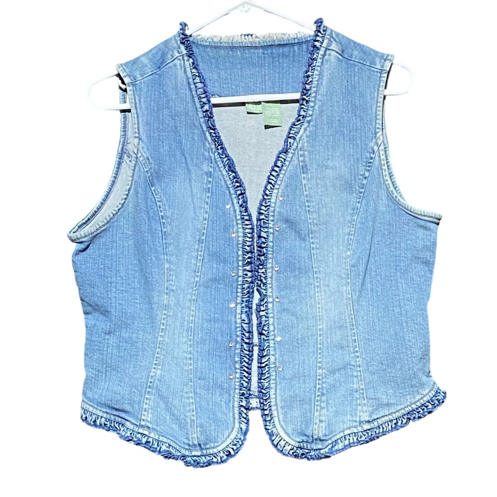 Susquehanna Trail Women's Denim Vest Size L Light‎ Wash Ruffle Rhinestone Blue